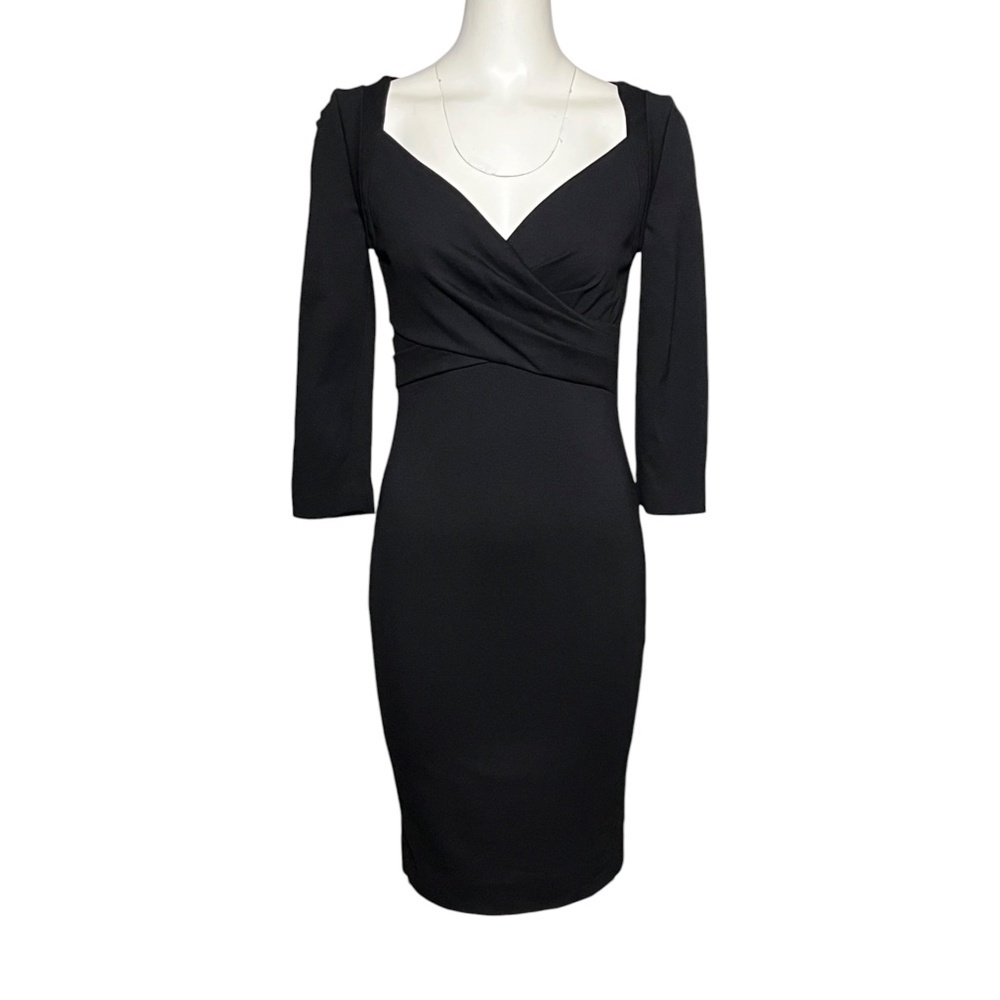 Escada Size 34 Classic Black Dress Ruched V-Neck Faux Wrap Cocktail Knit US 4 XS